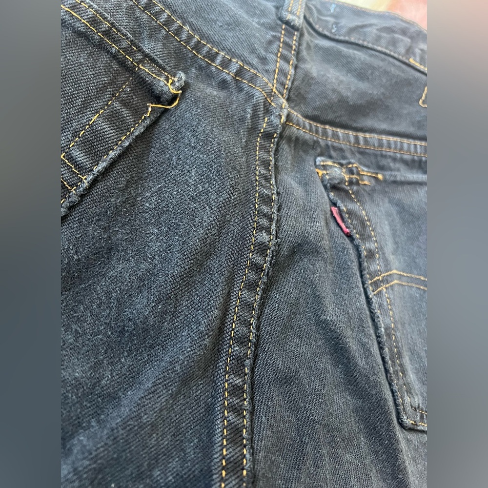 American Vintage Black Distressed Denim Shorts, Black-and-White Checkered Trim - Picture 8 of 10